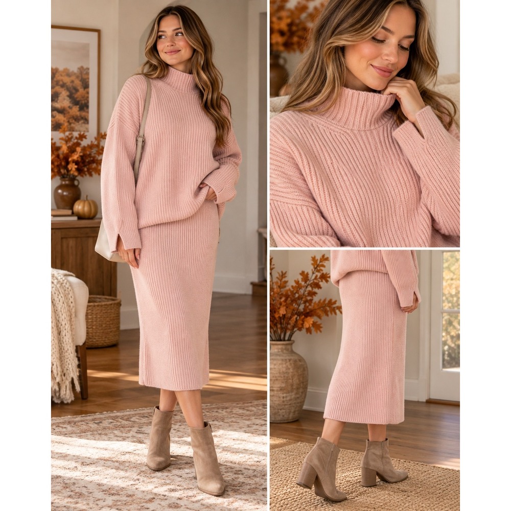 H&M Ribbed Knit Sweater and Skirt Set L Pink Turtleneck Midi 2 Piece Soft Girl